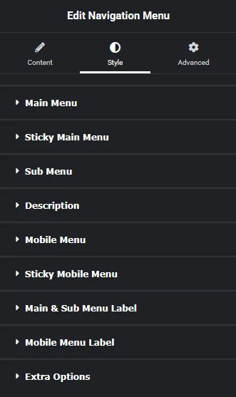 Navigation menu style new navigation menu widget settings overview from the plus addons for elementor