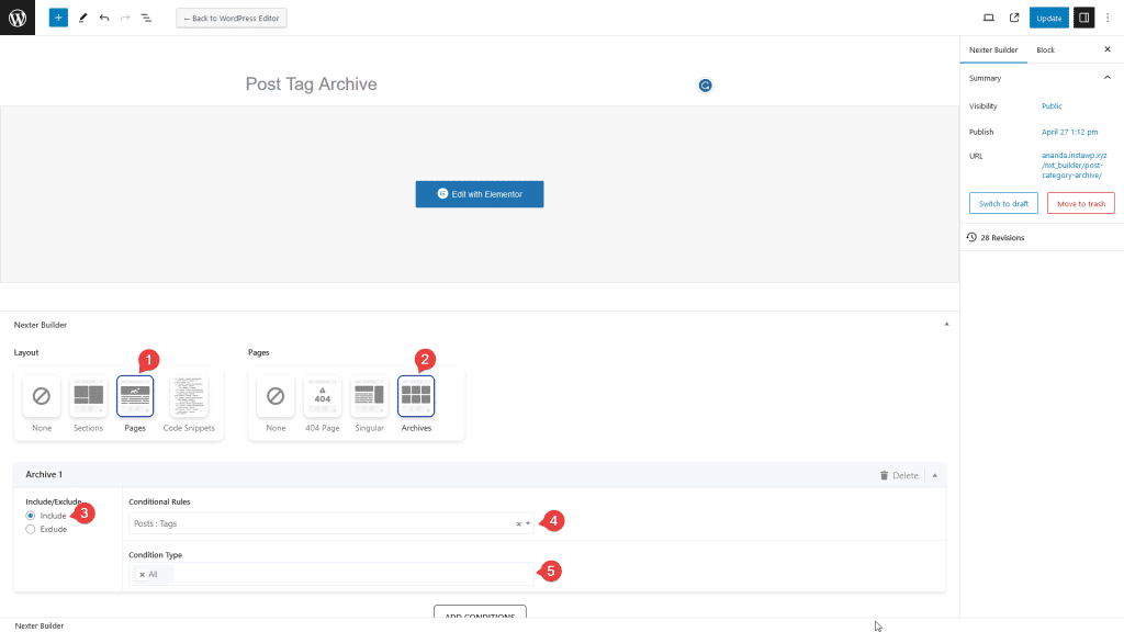 Nexter tag archive template settings