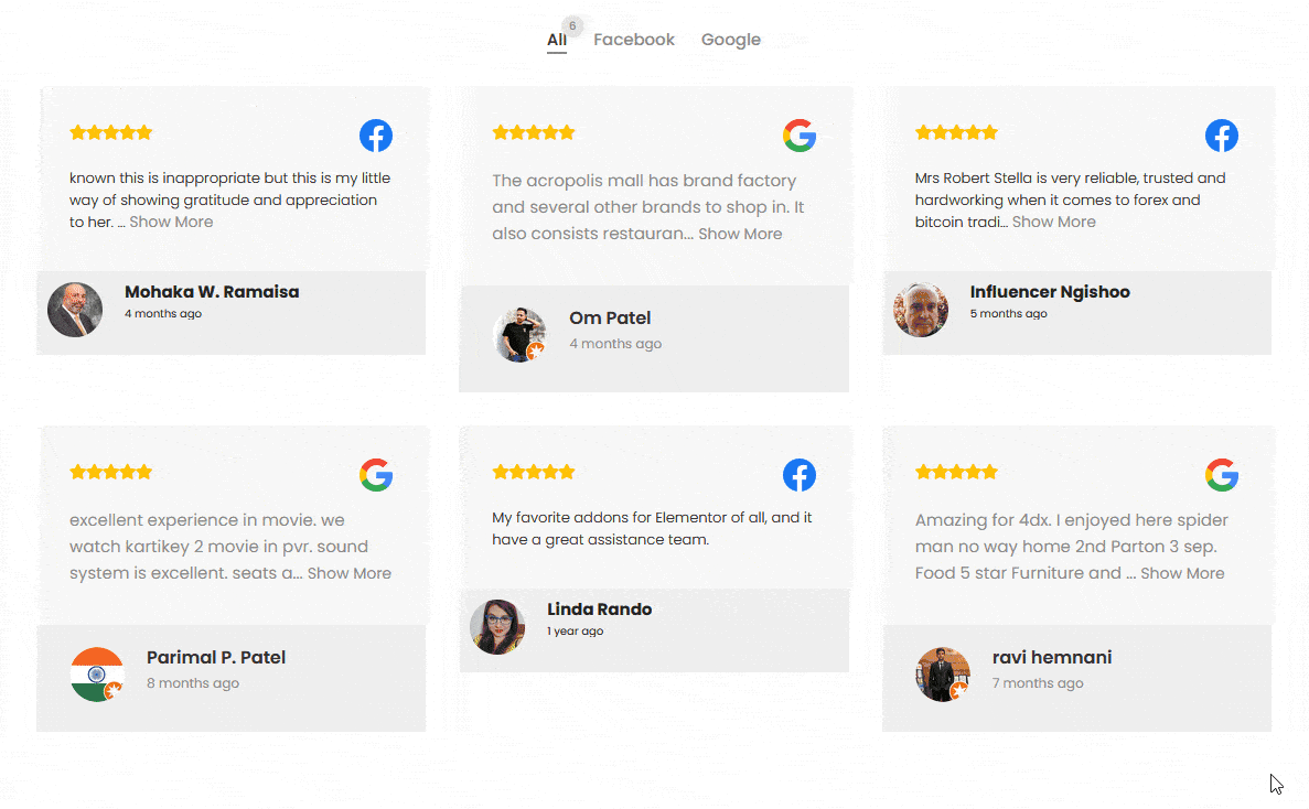 Social reviews category filter demo