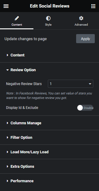 Social reviews review option