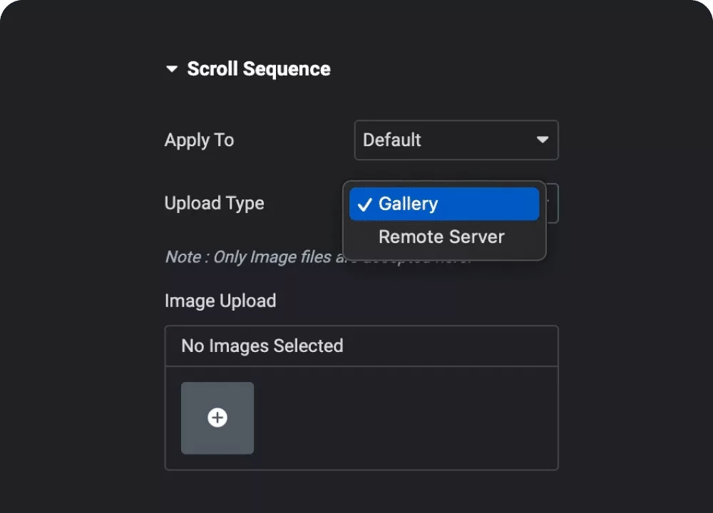 Upload images from media gallery image scroll sequence animation for elementor | the plus addons for elementor from the plus addons for elementor