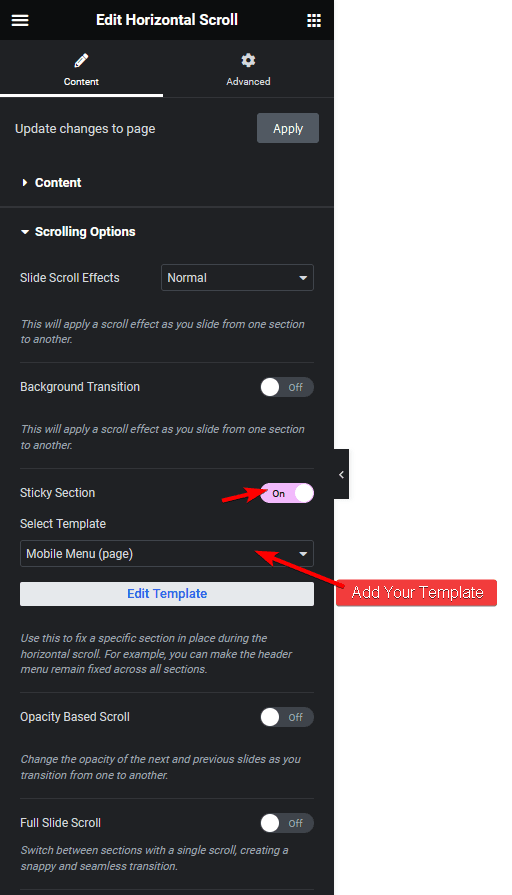 Horizontal scroll sticky section