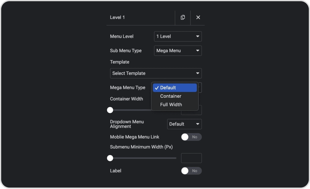 Select the template under the mega menu dropdown content mega menu builder for elementor from the plus addons for elementor