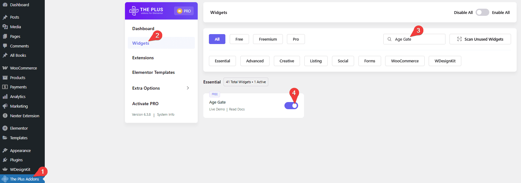 Tpae age gate activate age gate widget settings overview from the plus addons for elementor