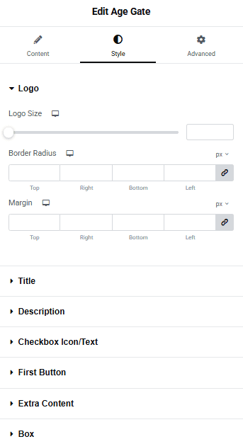 Tpae age gate style 1 age gate widget settings overview from the plus addons for elementor