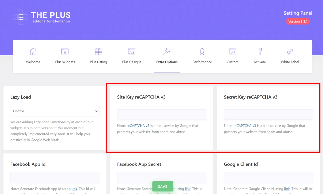 The plus addons form options with built-in spam-protection key fields