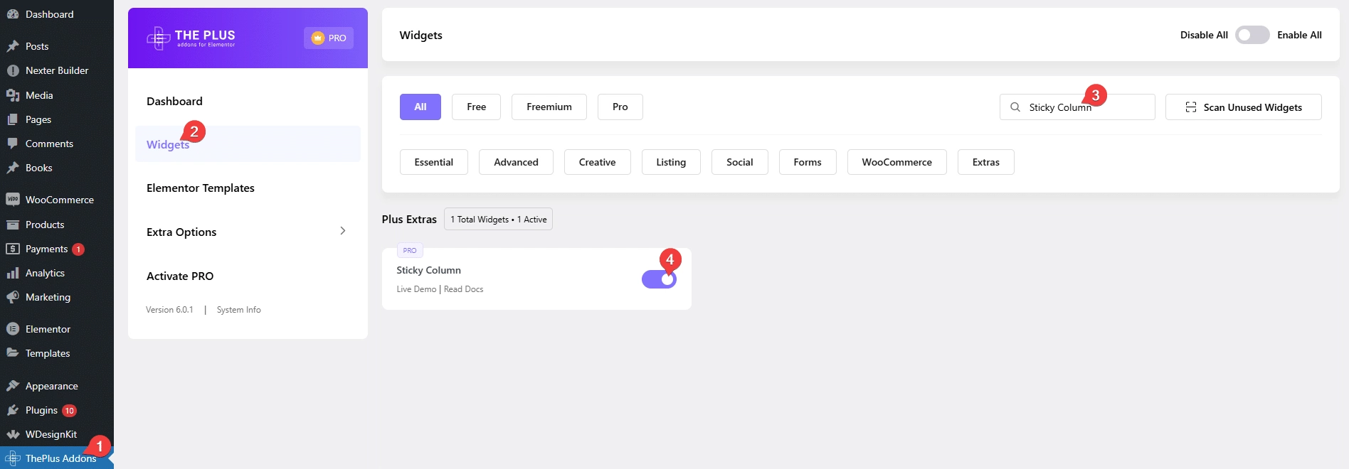 Sticky column sticky column settings overview from the plus addons for elementor