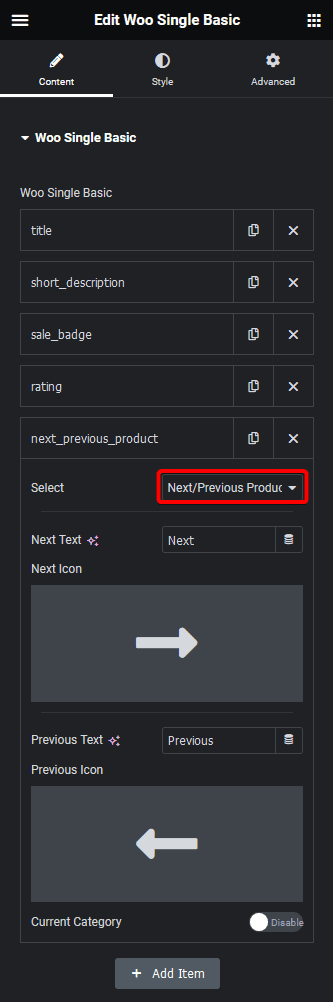 Woo single basic next previous