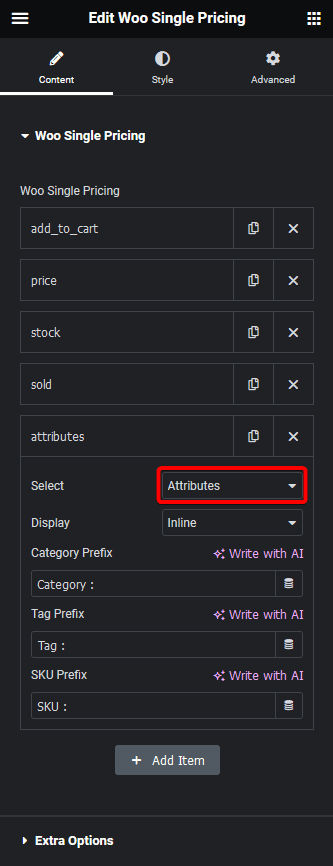 Woo single pricing attributes