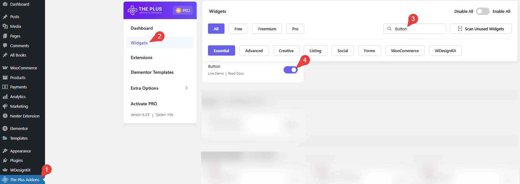 Tpae button activate button widget: settings overview from the plus addons for elementor