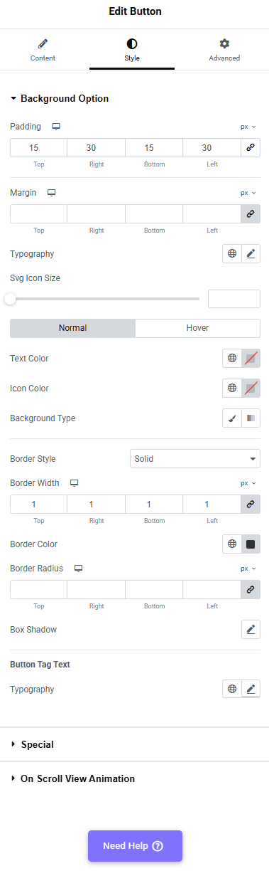 Tpae button style 1 button widget: settings overview from the plus addons for elementor