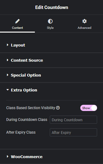 Countdown extra options countdown widget: settings overview from the plus addons for elementor
