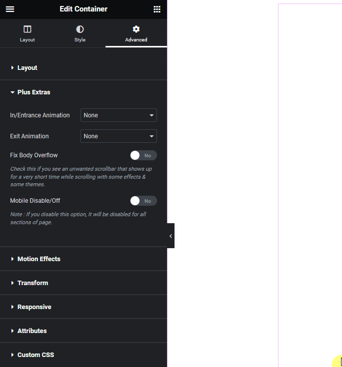 Section scroll animation settings