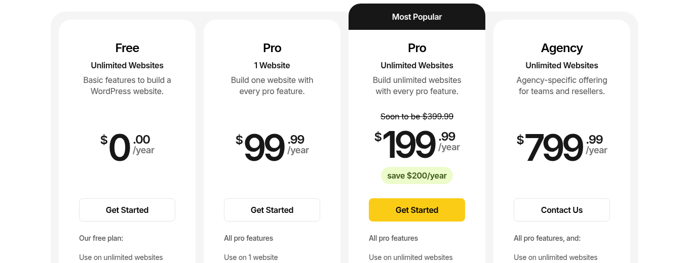Breakdance vs Elementor in 2026: 9 Differences That Actually Matter After Elementor v4 Breakdance 2026 pricing: free, pro 1-site $99. 99/yr, pro unlimited $199. 99/yr, agency $799. 99/yr