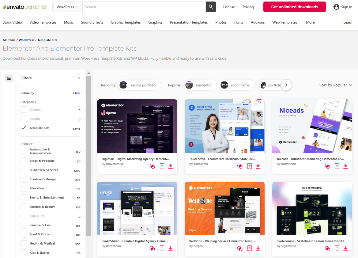 Envato elements elementor template kits library
