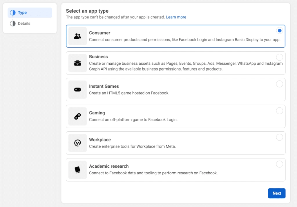 Select an app type how to add facebook login on wordpress [step by step guide] from the plus addons for elementor