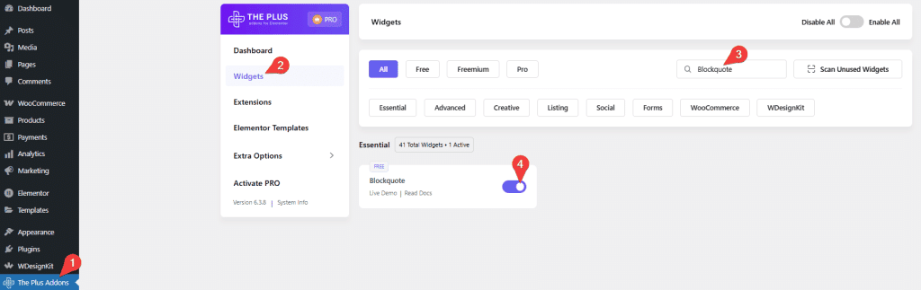 Tpae blockquote activate blockquote widget: settings overview from the plus addons for elementor
