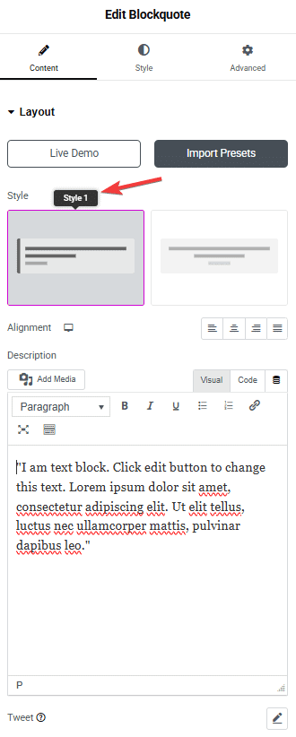 Tpae blockquote layout style1 blockquote widget: settings overview from the plus addons for elementor