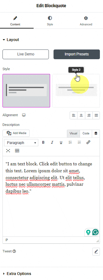 Tpae Blockquote Layout Style2 | The Plus Addons for Elementor Tpae blockquote layout style2 blockquote widget: settings overview from the plus addons for elementor