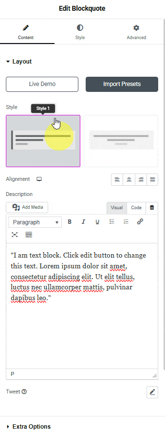 Tpae Blockquote Style Style2 Author | The Plus Addons for Elementor Tpae blockquote style style2 author blockquote widget: settings overview from the plus addons for elementor