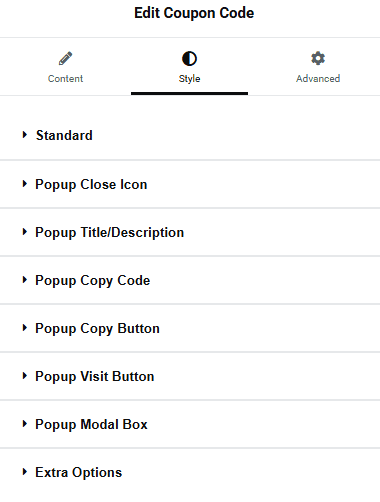 Tpae coupon code style coupon code widget: settings overview from the plus addons for elementor