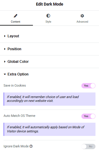 Tpae dark mode extra option dark mode widget: settings overview from the plus addons for elementor