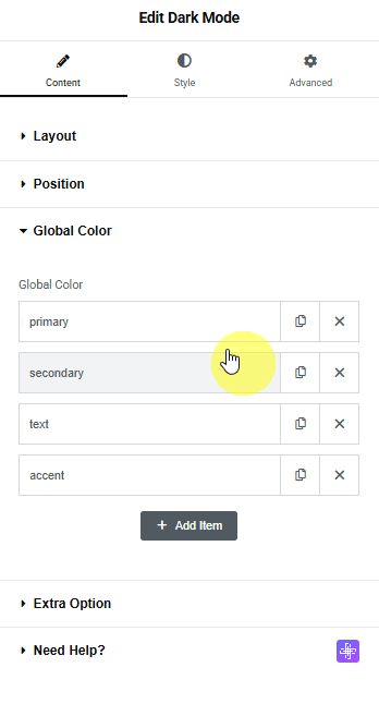 Tpae Dark Mode Global Color 2 | The Plus Addons for Elementor Tpae dark mode global color 2 dark mode widget: settings overview from the plus addons for elementor