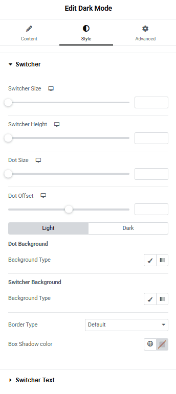 Tpae dark mode style 3 dark mode widget: settings overview from the plus addons for elementor