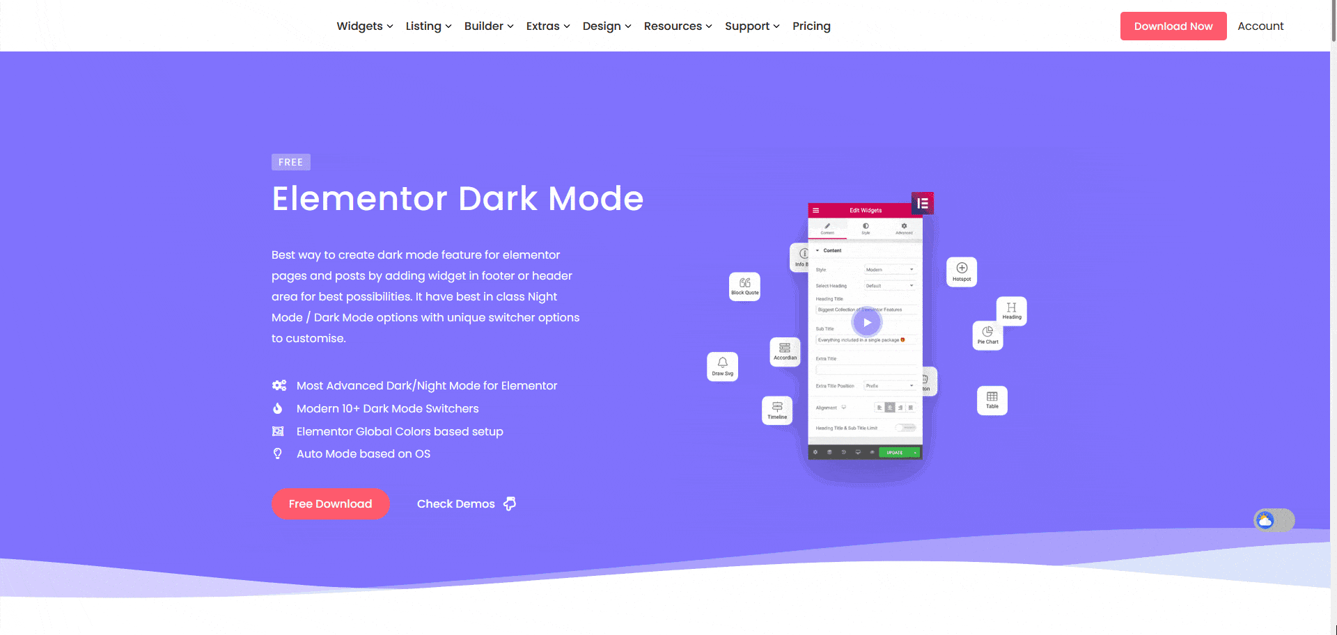 Dark mode demo dark mode widget: settings overview from the plus addons for elementor