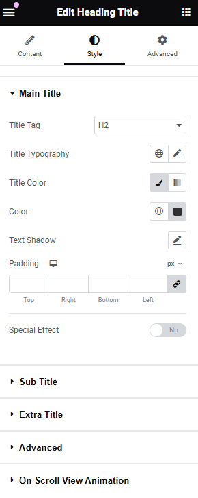 Heading main title style heading title widget: settings overview from the plus addons for elementor