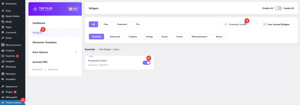 Protected content 1 protected content widget: settings overview from the plus addons for elementor