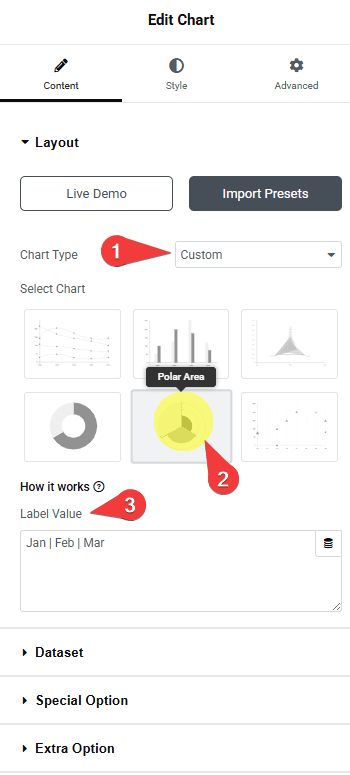 Tpae chart type polar area how to create a polar area graph in elementor? From the plus addons for elementor