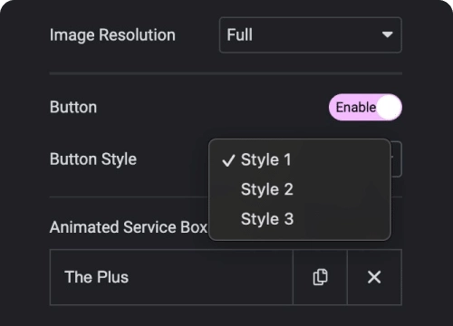 Add button to image accordion slides animated service boxes from the plus addons for elementor