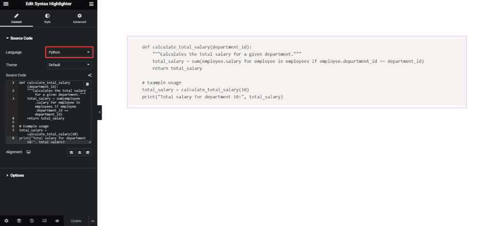 Add Python in Syntax Highlighter | The Plus Addons for Elementor Python in syntax highlighter