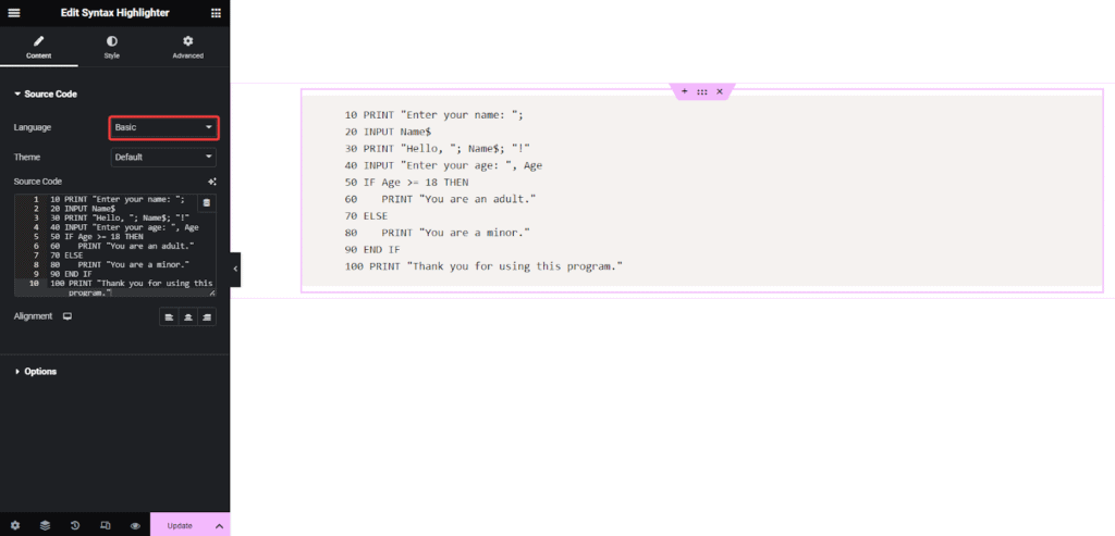 Basic Language Code in Syntax Highlighter | The Plus Addons for Elementor Basic language code in syntax highlighter