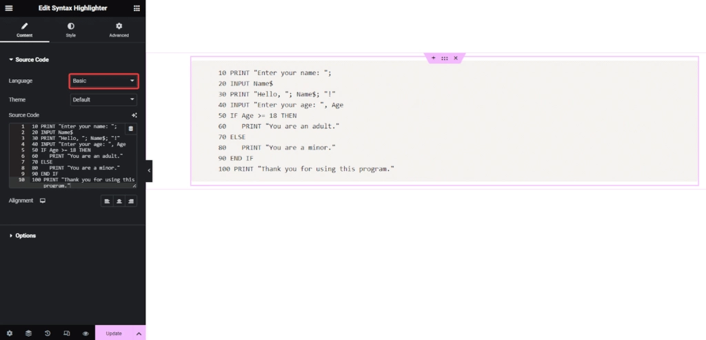 Basic language code in syntax highlighter