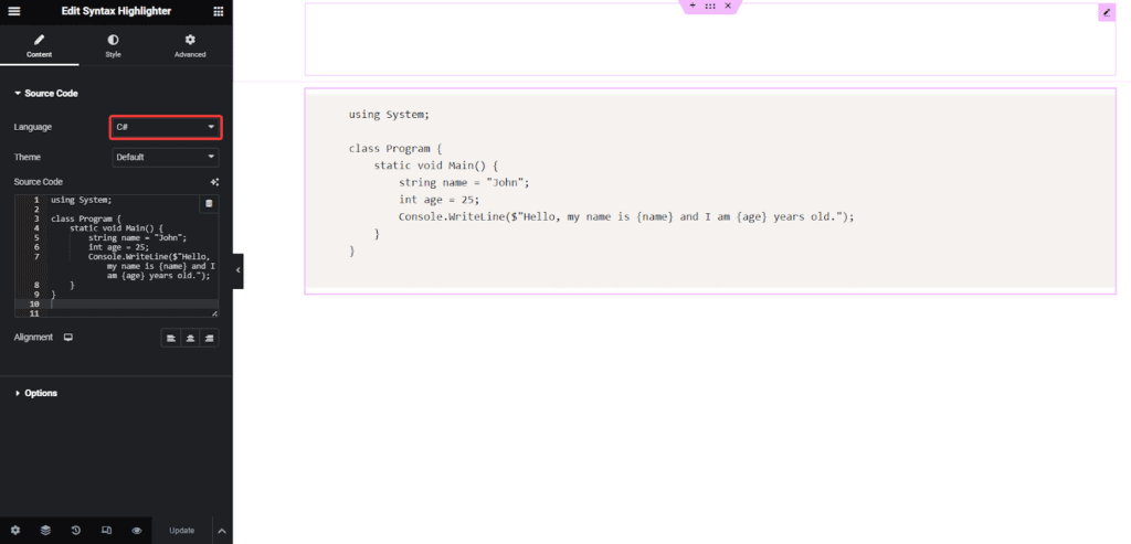 C Code in Syntax Highlighter 1 | The Plus Addons for Elementor C# code in syntax highlighter