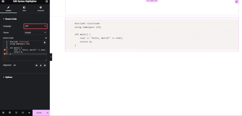 C++ code in syntax highlighter