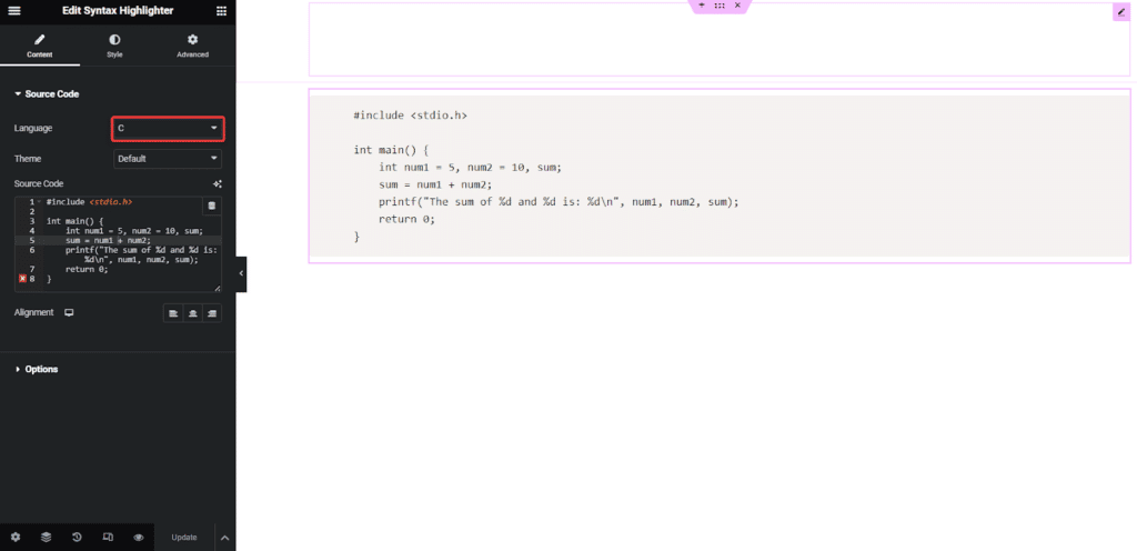 C Language Code in Syntax Highlighter | The Plus Addons for Elementor C language code in syntax highlighter