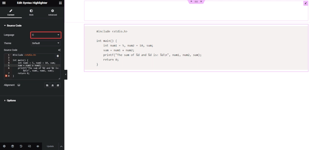 C language code in syntax highlighter