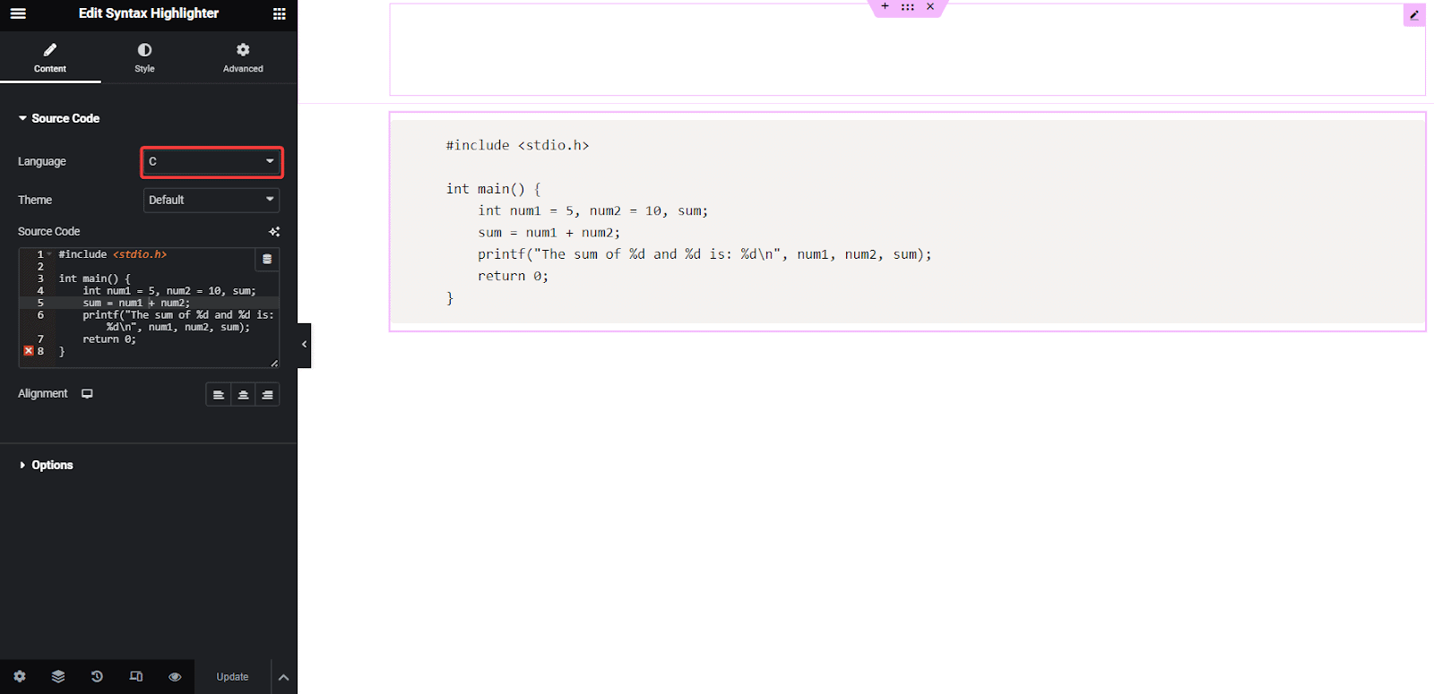 Syntax Highlighter: Settings Overview | The Plus Addons for Elementor