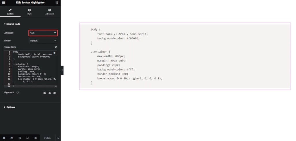 Css code in syntax highlighter