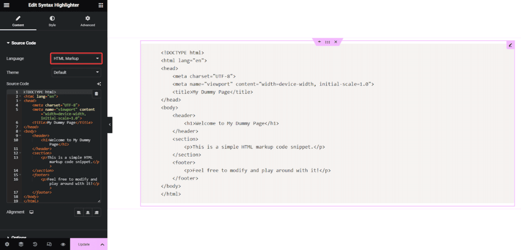 HTML Code in Syntax Highlighter 1 | The Plus Addons for Elementor Html code in syntax highlighter