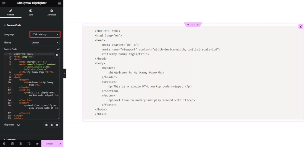 Html code in syntax highlighter