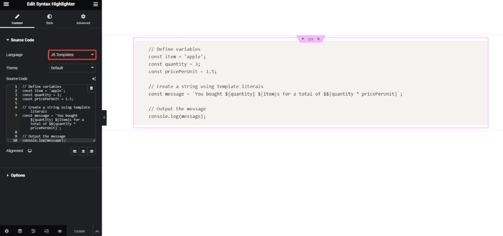 JS Templates Code in Syntax Highlighter | The Plus Addons for Elementor Js templates code in syntax highlighter