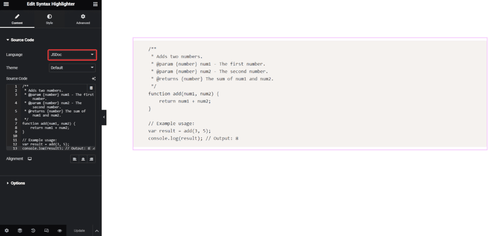 JSDoc Code in Syntax Highlighter | The Plus Addons for Elementor Jsdoc code in syntax highlighter