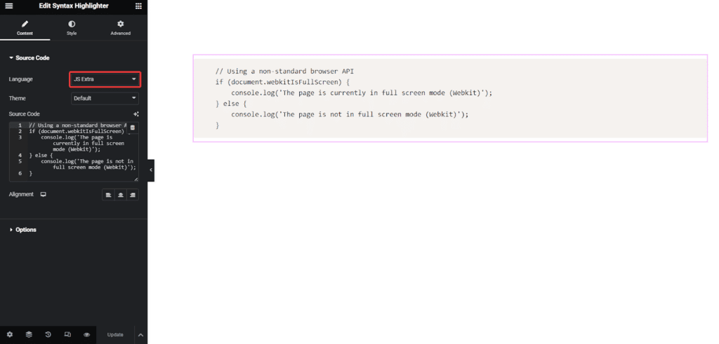 JSExtra Code in Syntax Highlighter | The Plus Addons for Elementor Jsextra code in syntax highlighter