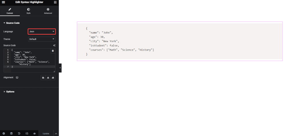 JSON Code in Syntax Highlighter 1 | The Plus Addons for Elementor Json code in syntax highlighter