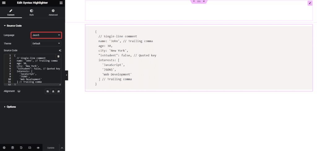 JSON5 Code in Syntax Highlighter 1 | The Plus Addons for Elementor Json5 code in syntax highlighter