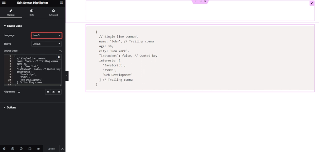 Json5 code in syntax highlighter